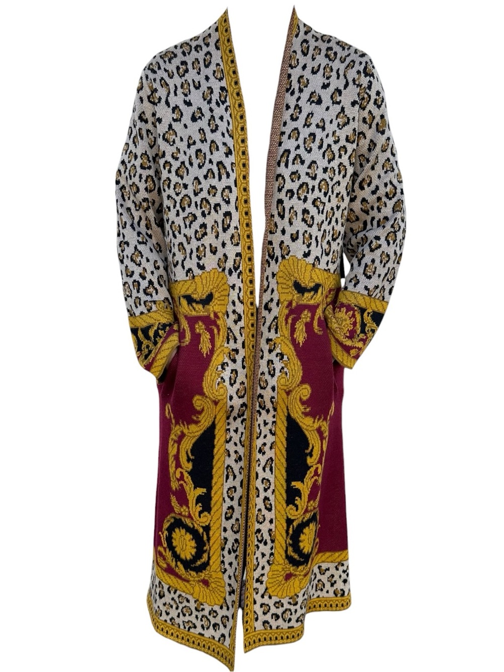 Women's Open-Front Leopard & Baroque Knit Cardigan - Wine/Gold/White